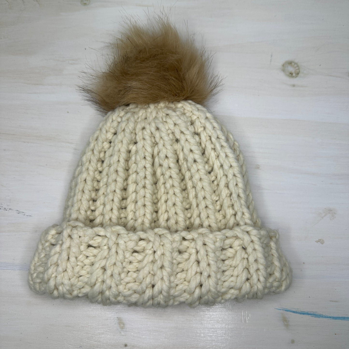 Vintage White Ribbed Pom Beanie — Child Size