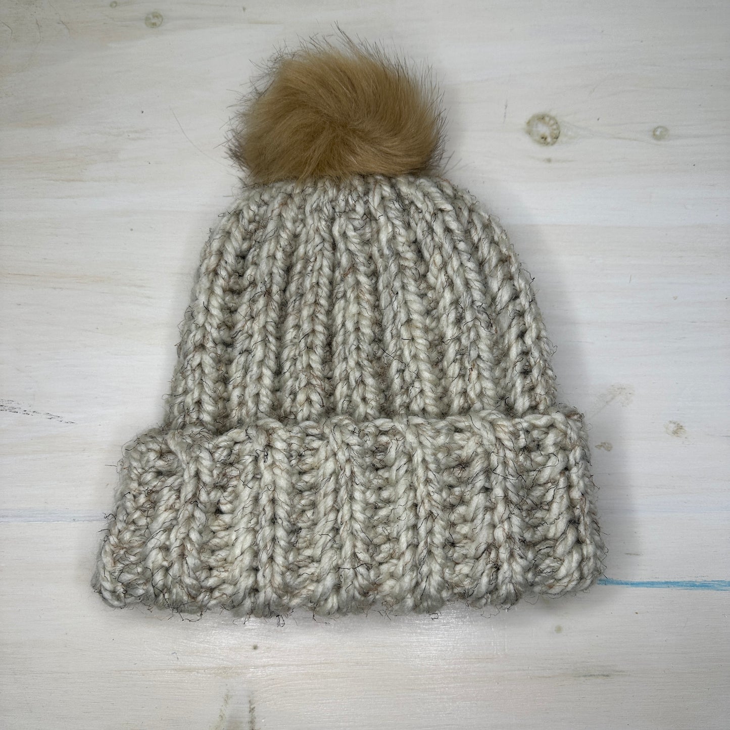 Oatmeal Ribbed Pom Beanie — Adult Size