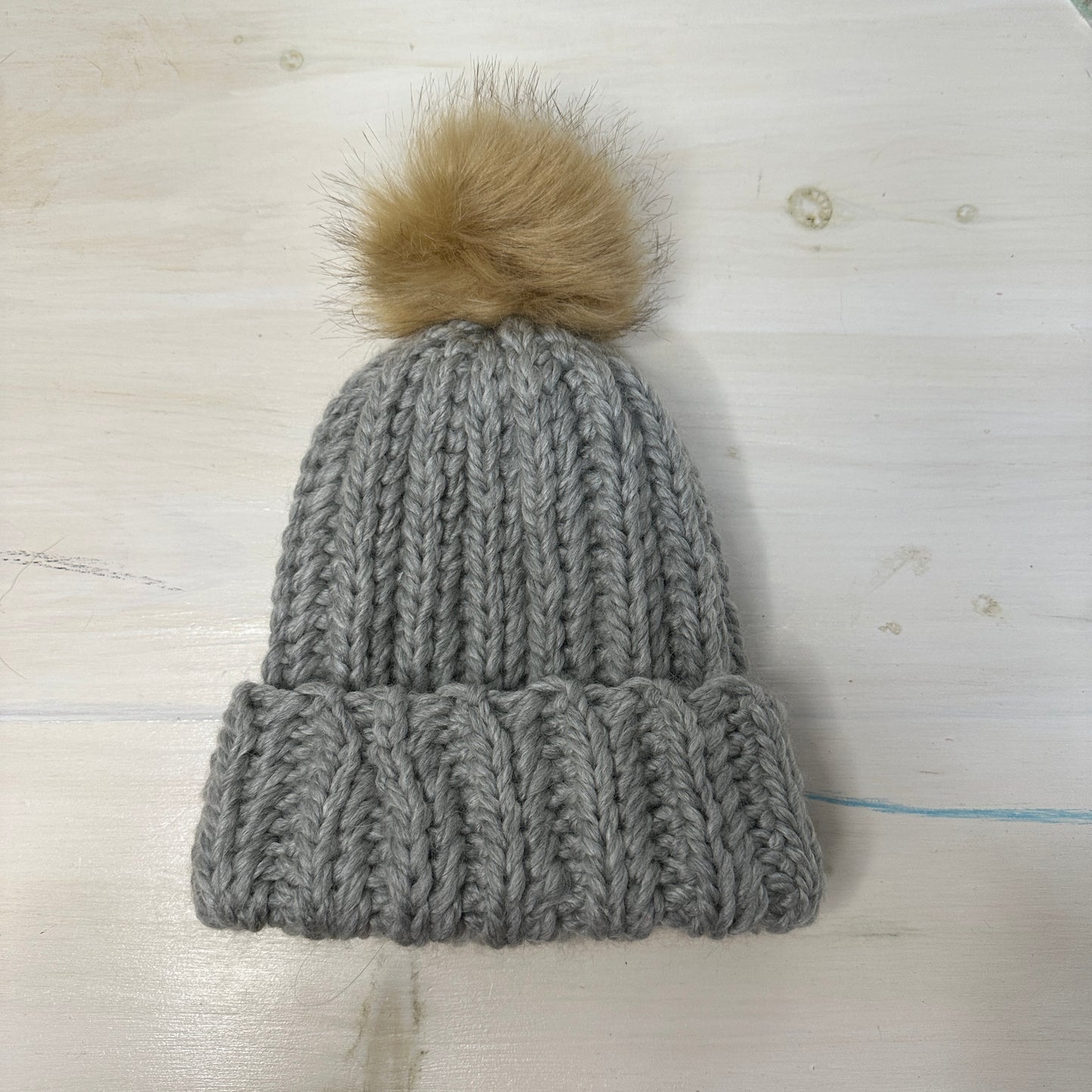 Vintage Grey Ribbed Pom Beanie — Adult Size