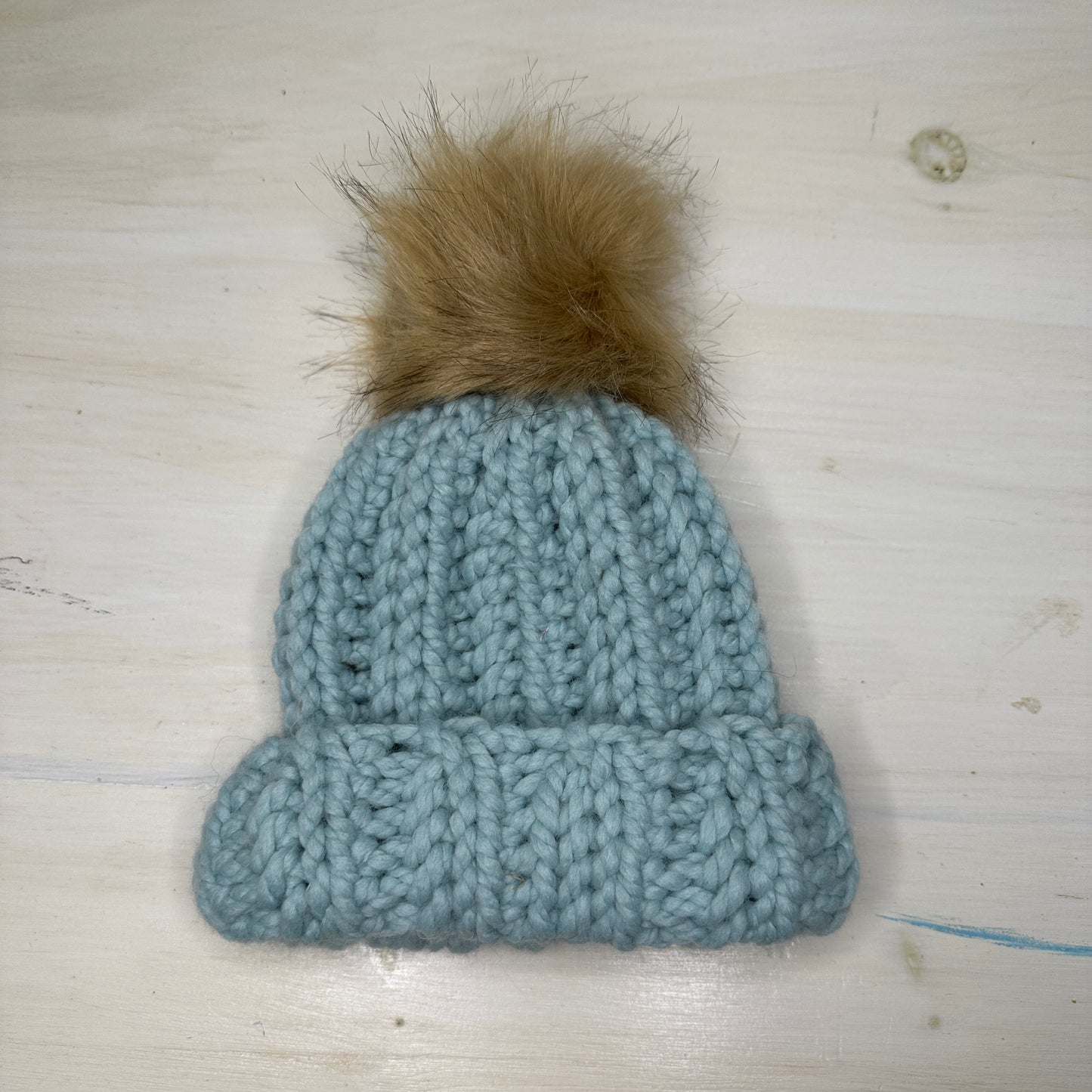 Ocean Blue Ribbed Pom Beanie — 6–12 Months